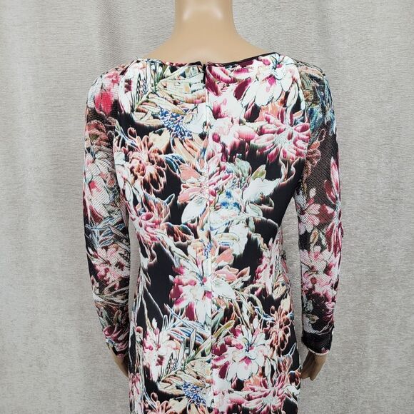 L'AGENCE Silk Floral Midi Dress with Mesh Long Sleeves Black Women's Size 8 - Picture 7 of 12